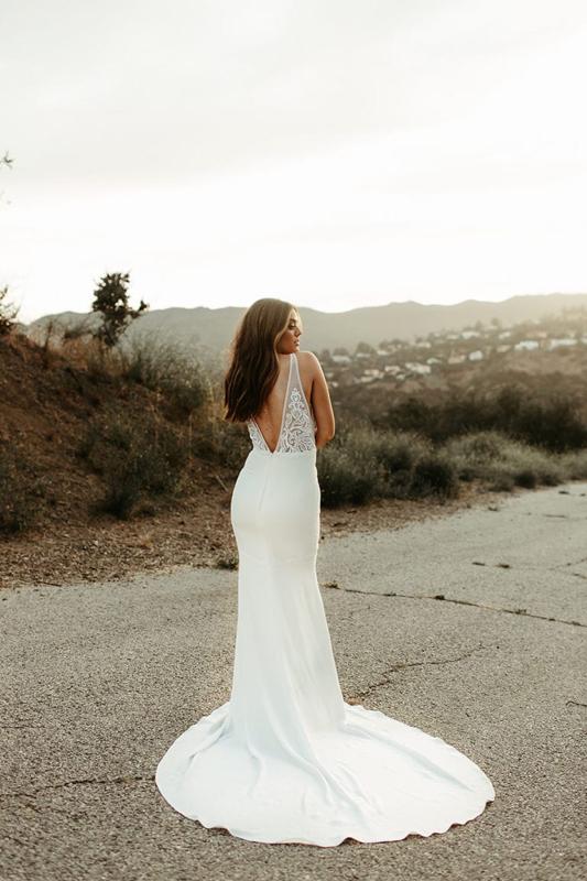 Simple Mermaid Straps V-neck Backless Lace Wedding Dresses,WD776