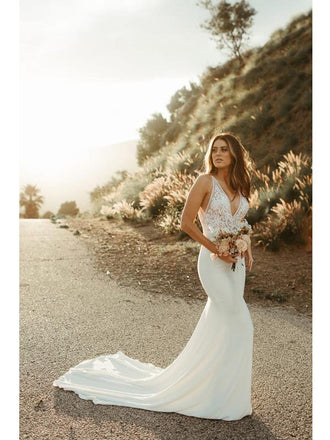 Simple Mermaid Straps V-neck Backless Lace Wedding Dresses,WD776