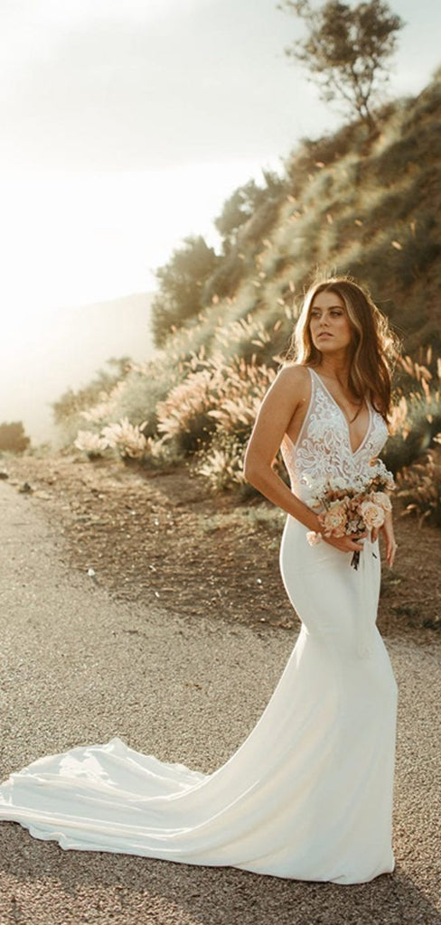 Simple Mermaid Straps V-neck Backless Lace Wedding Dresses,WD776