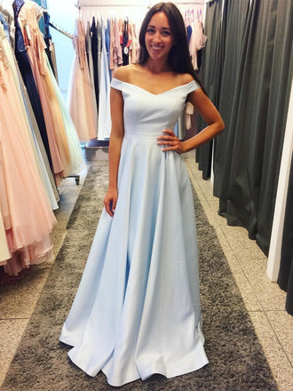Simple Off Shoulder Baby Blue Long Evening Prom Dresses, Cheap Sweet 16 Dresses, 18388