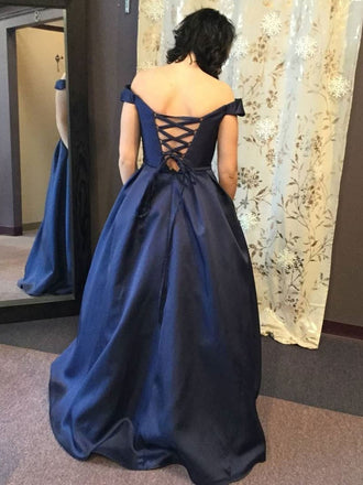Simple Off Shoulder Navy A-line Long Evening Prom Dresses, 17551