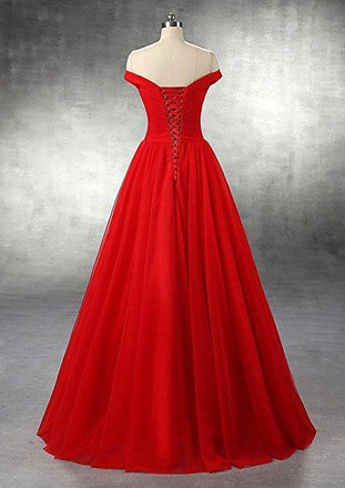 Simple Off Shoulder Red Tulle A-line Long Evening Prom Dresses, 17670