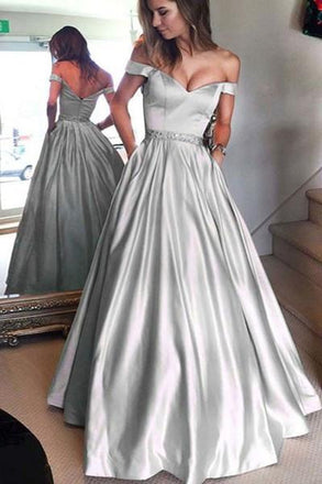 Simple Off Shoulder Satin Evening Prom Dresses, Popular A line Party Prom Dresses, Custom Long Prom Dresses, Cheap Formal Prom Dresses, 17191