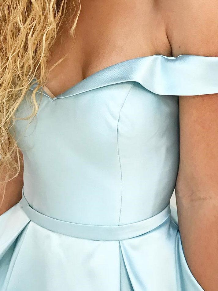 Simple  Off Shoulder Tiffany Blue Satin A line Long Custom Evening Prom Dresses, 17442