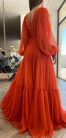 Simple Orange A-line V-neck Long Sleeves Maxi Long Prom Dresses,13046