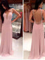 Simple Pink A-Line Backless V-neck Long Prom Dresses Online,Dance Dresses,12445