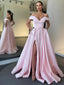 Simple Pink A-line High Slit Off Shoulder Cheap Prom Dresses Online,12551