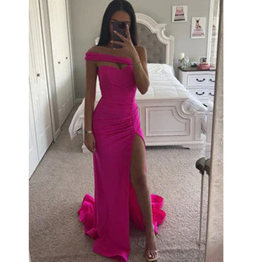 Simple Pink Mermaid One Shoulder Side Slit Cheap Long Bridesmaid Dresses,WG1370