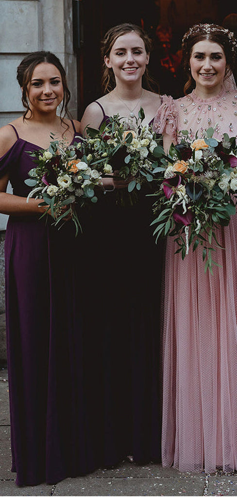Simple Purple A-line Cold Shoulder Cheap Long Bridesmaid Dresses Online,WG1133