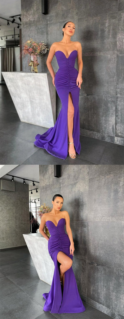 Simple Purple Mermaid Sweetheart V-neck High Slit Long Prom Dresses Online,12502