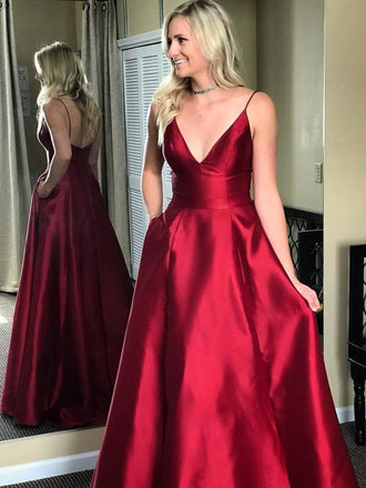 Simple Red Spaghetti Straps A-line Long Evening Prom Dresses, 17548