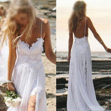 Simple Spaghetti White Lace Side Slit Wedding Dresses For Beach Wedding, WD0047