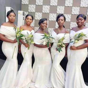 Simple White Mermaid Off Shoulder Cheap Long Bridesmaid Dresses,WG1304