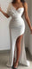 Simple White Sheath One Shoulder High Slit Cheap Long Prom Dresses,12622