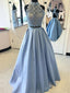 Sky Blue A-line Halter Two Pieces Cheap Long Prom Dresses Online,12430