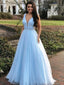 Sky Blue A-line Straps V-neck Long Prom Dresses Online, Dance Dresses,12418