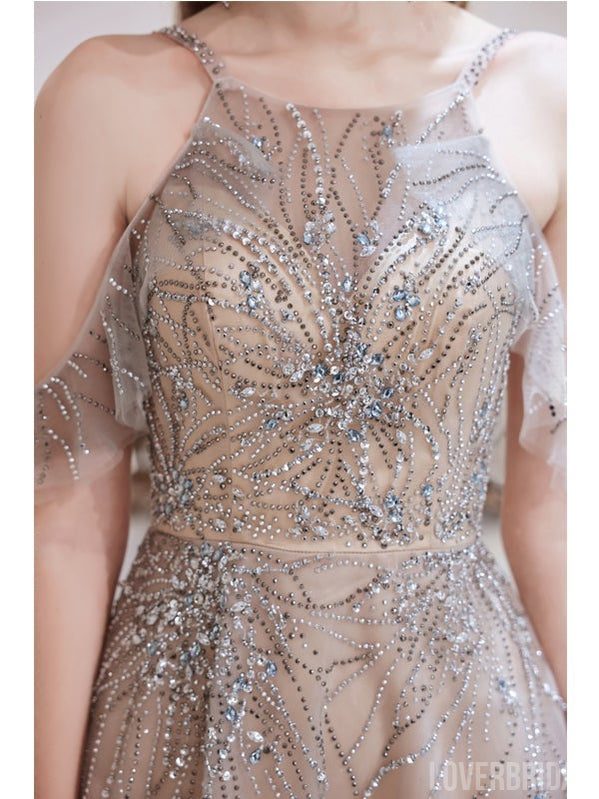 Spaghetti Straps A-line Off Shoulder V-neck Long Prom Dresses Online,12571
