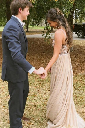 Spaghetti Straps Champagne Beaded Cheap Long Evening Prom Dresses, Evening Party Prom Dresses, 12307