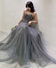 Spaghetti Straps Grey Beaded A-line Long Evening Prom Dresses, Evening Party Prom Dresses, 12207