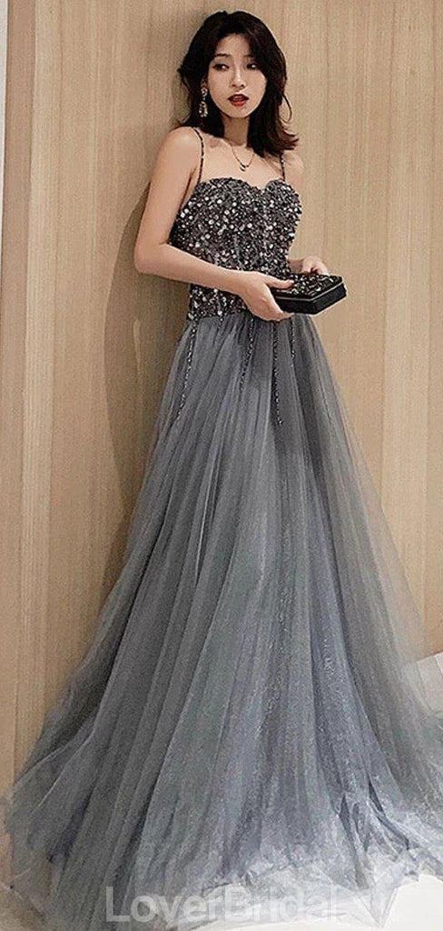 Spaghetti Straps Grey Beaded A-line Long Evening Prom Dresses, Evening Party Prom Dresses, 12207