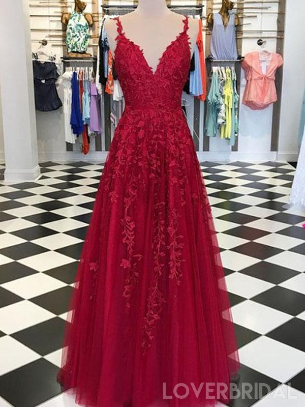 dark red lace prom dress Deep V-Neck Red Prom Party GownsFloral Lace Appliques Split Front Party Dress