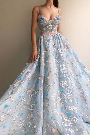 Spaghetti Straps Lace Flower A-line Long Evening Prom Dresses, Cheap Sweet 16 Dresses, 18448