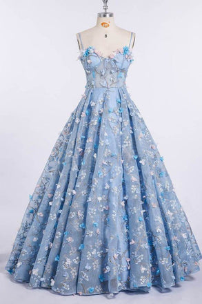 Spaghetti Straps Lace Flower A-line Long Evening Prom Dresses, Cheap Sweet 16 Dresses, 18448