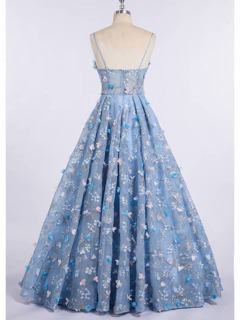 Spaghetti Straps Lace Flower A-line Long Evening Prom Dresses, Cheap Sweet 16 Dresses, 18448