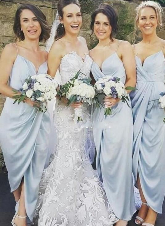 Spaghetti Straps Light Blue Tea Length Cheap Bridesmaid Dresses Online, WG314