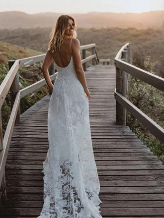 Spaghetti Straps Long Mermaid Backless Lace Wedding Dresses,WD735