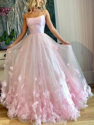 Spaghetti Straps Pink Handmade Flower Long Evening Prom Dresses, Evening Party Prom Dresses, 12161