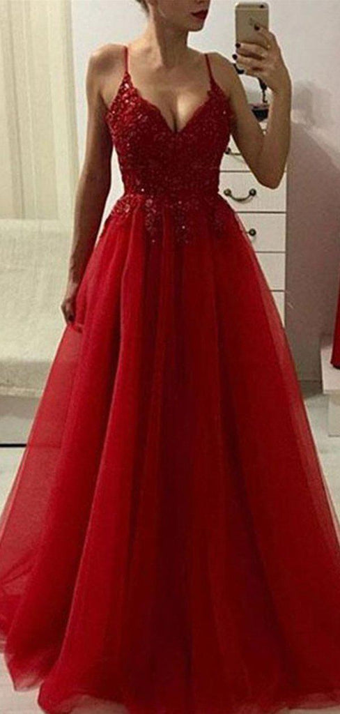 Spaghetti Straps Red Lace Beaded Long Cheap Evening Prom Dresses, Evening Party Prom Dresses, 12349