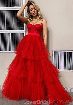 Spaghetti Straps Red Ruffle A-line Tulle Long Evening Prom Dresses, Evening Party Prom Dresses, 12181