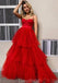 Spaghetti Straps Red Ruffle A-line Tulle Long Evening Prom Dresses, Evening Party Prom Dresses, 12181