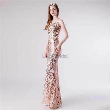 Spaghetti Straps Rose Gold Sequin Mermaid Evening Prom Dresses, Evening Party Prom Dresses, 12114