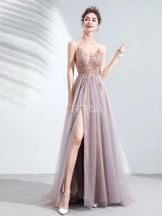 Spaghetti Straps See Through Side Slit Long Evening Prom Dresses, Evening Party Prom Dresses, 12215
