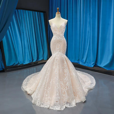 Spaghetti Straps V Neck Lace Mermaid Wedding Dresses, Cheap Wedding Gown, WD718