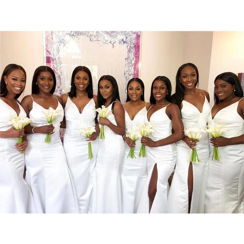 Spaghetti Straps White Side Slit Mermaid Long Cheap Bridesmaid Dresses Online, WG651
