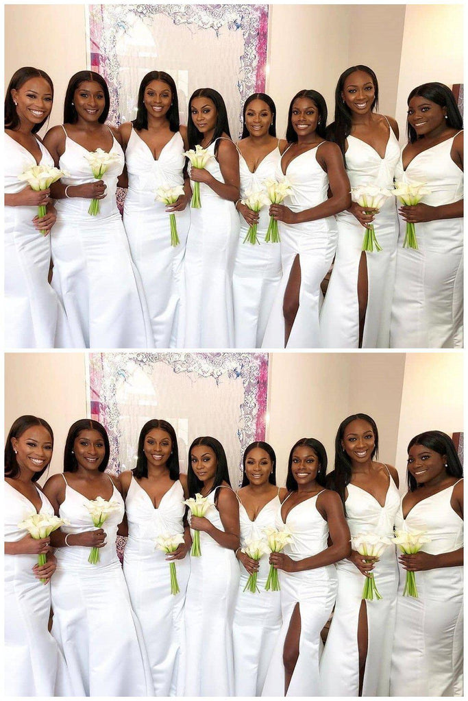 Spaghetti Straps White Side Slit Mermaid Long Cheap Bridesmaid Dresses Online, WG651