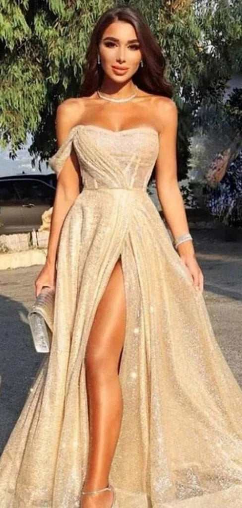 Sparkly A-line Gold One Shoulder High Slit Long Party Prom Dresses Online,12373