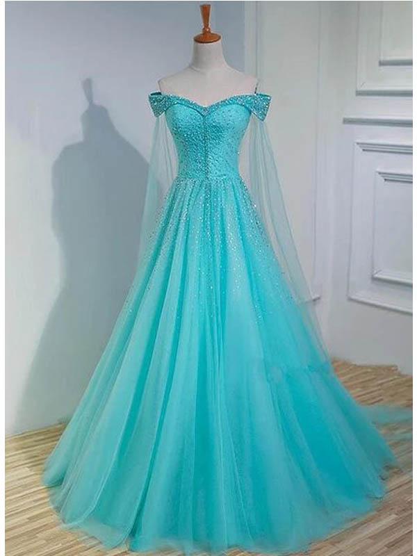 Sparkly Blue A-line Off Shoulder Long Prom Dresses Online, Dance Dresses,12520