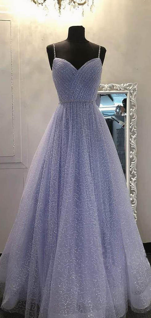 Sparkly Blue A-line Spaghetti Straps Long Prom Dresses Online, Dance Dresses,12530