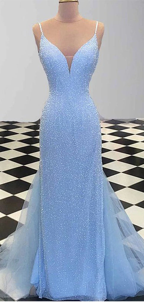 Sparkly Blue Mermaid Spaghetti Straps V-neck Cheap Long Prom Dresses,12695