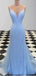 Sparkly Blue Mermaid Spaghetti Straps V-neck Cheap Long Prom Dresses,12695