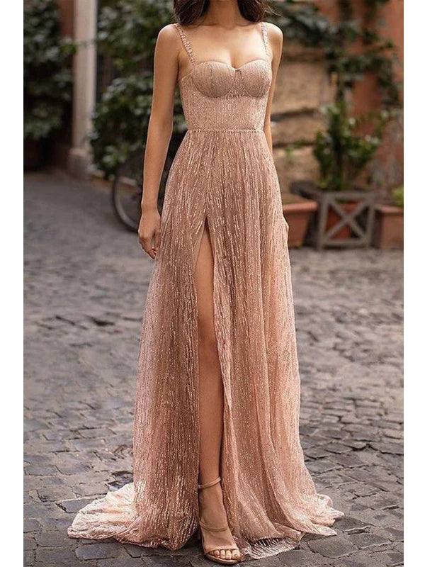 Sparkly Champagne A-line High Slit Maxi Long Prom Dresses,Evening Dresses,12999