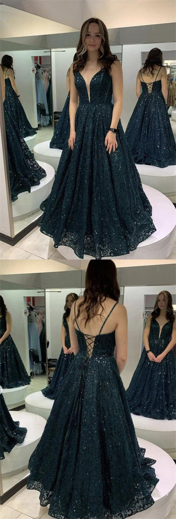 Sparkly Dusty Blue A-line V-neck Long Prom Dresses Online,Evening Party Dresses,12559