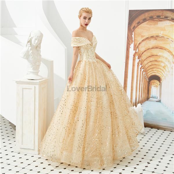 Sparkly Gold A-line Off Shoulder Evening Prom Dresses, Evening Party Prom Dresses, 12126