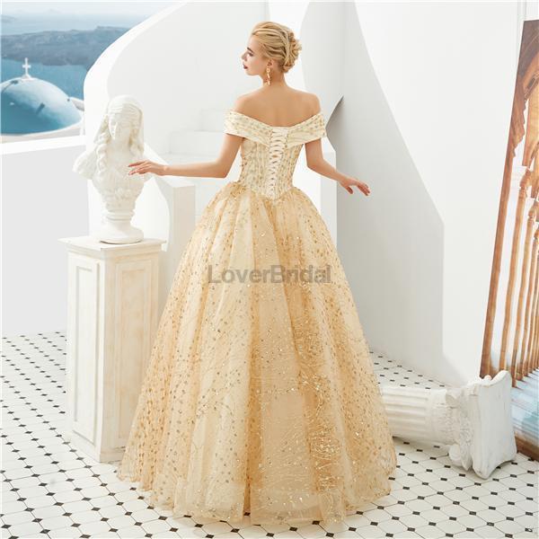 Sparkly Gold A-line Off Shoulder Evening Prom Dresses, Evening Party Prom Dresses, 12126