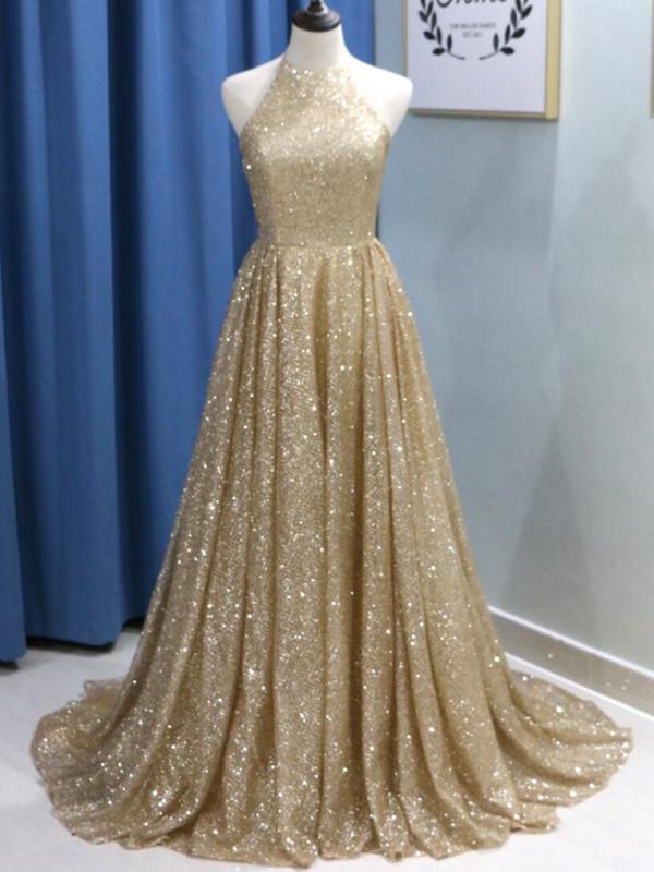 Sparkly Gold Sequin A-line Long Evening Prom Dresses, Evening Party Prom Dresses, 12295