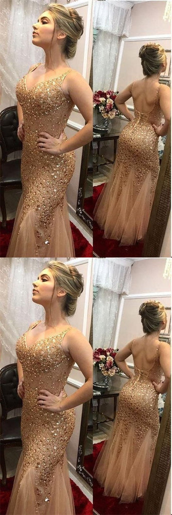 Sparkly Mermaid Gold Straps V-neck Long Prom Dresses Online,12434